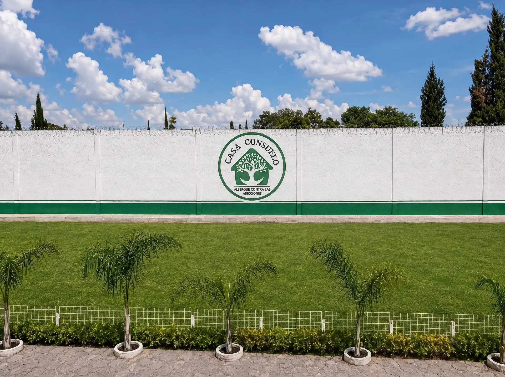 Muro perimetral con logotipo de Casa Consuelo, clínica de adicciones en Aguascalientes.