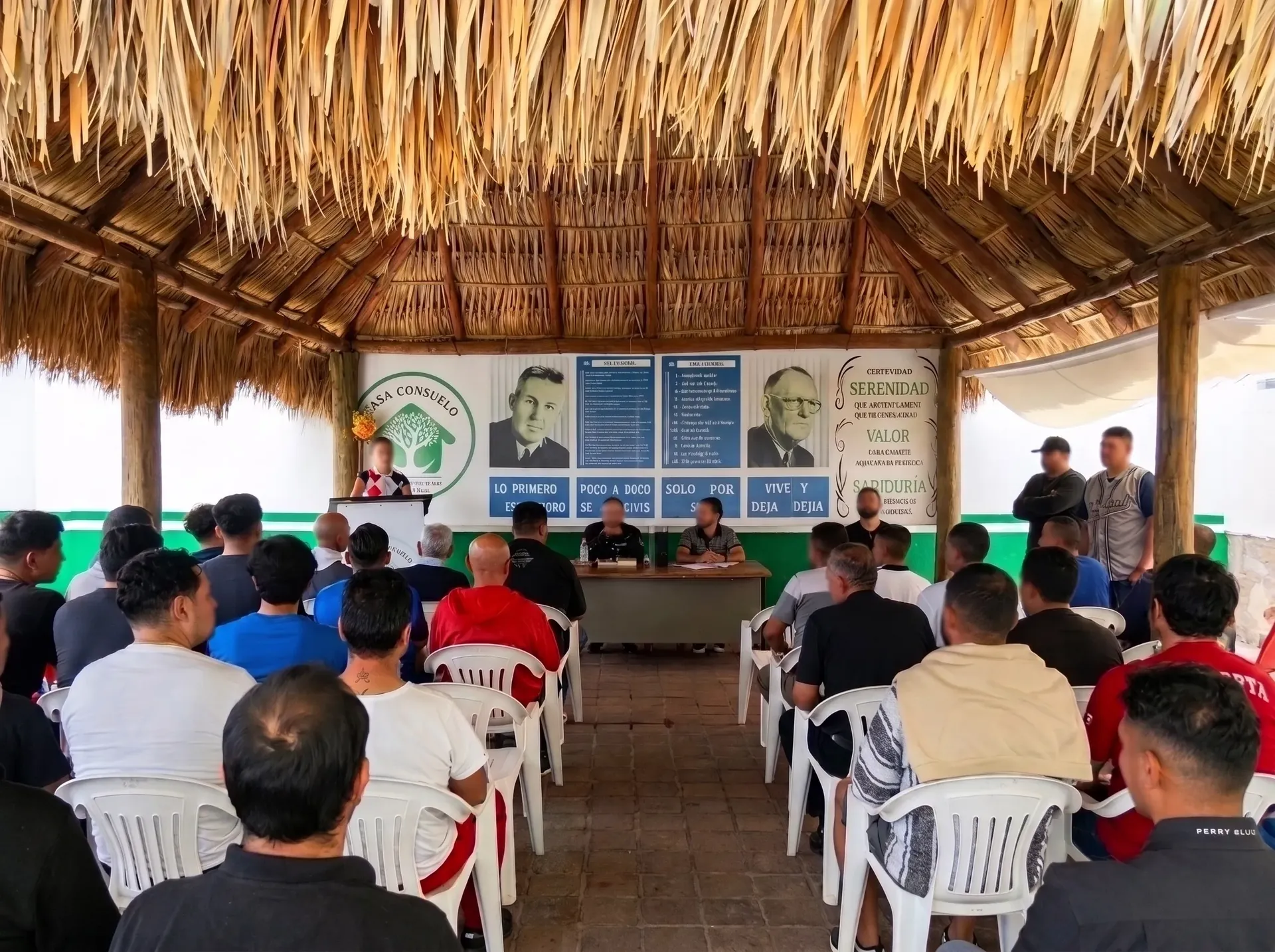 Terapia grupal y juntas de recuperación guiadas bajo la palapa exterior en Casa Consuelo.